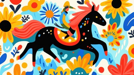 Obraz premium A cheerful centaur dashes through vibrant sunflowers and daisies in a lively cartoonish scene set in a colorful field.