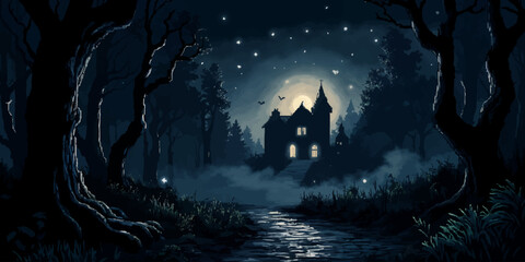 Artistic Haunted Forest at Midnight illustration background. Halloween themed horror background vector landscape design