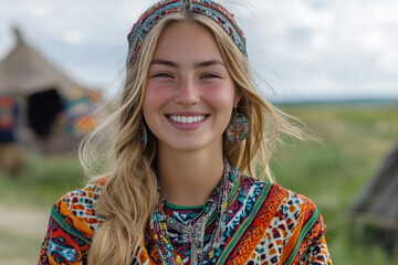 Caucasian woman wearing sami gakti northern europe traditional cloth