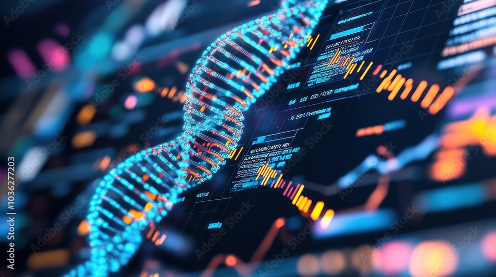 Poster a glowing blue dna strand emerges from a computer screen with graphs and data in the background.