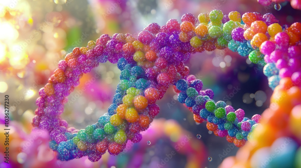 Aufkleber a colorful and abstract representation of a dna strand, with glowing lights and a bokeh effect in th