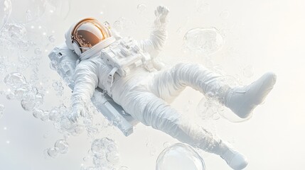 A minimalistic full-body shot of an astronaut in a white suit, gently floating among translucent bubbles. 
