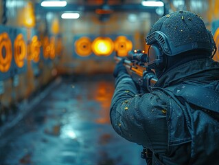 Obraz premium A shooter practices at a target range, focusing on precision and skill development.