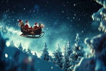 Naklejka premium Merry christmas and happy new year greeting card with copy-space. Winter night landscape.Santa and his sleigh flying over snowy landscape, ai