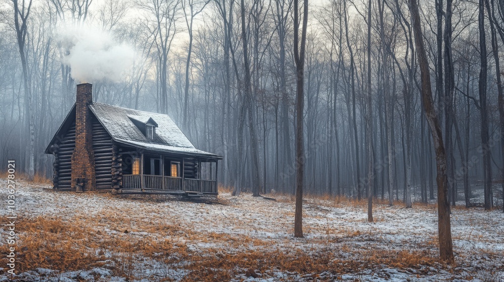 Poster nestled among tall trees, a rustic log cabin emits soft smoke from its chimney in a serene winter la