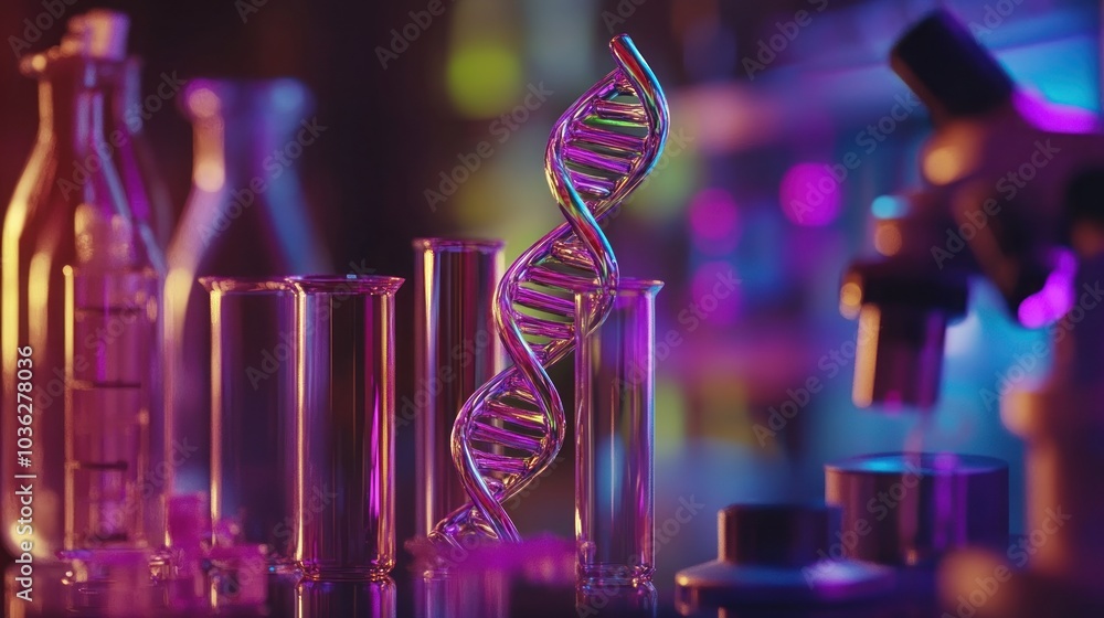 Aufkleber a dna helix model stands in a laboratory setting with beakers and a microscope in the background.