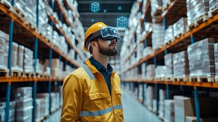 A modern warehouse equipped with AR technology, where a worker scans shelves with AR glasses, identifying packages for picking, with virtual markers floating in the air showing real-time data.