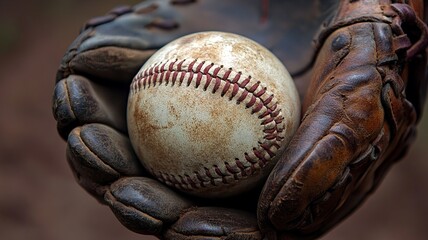 This warm and inviting image captures a close-up of a baseball glove gripping a faded baseball, showcasing intricate stitching details illuminated by a beautiful sunset glow.

