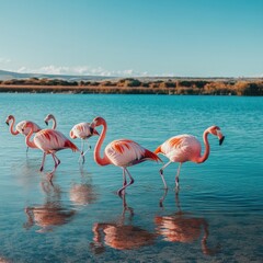 Obraz premium A flock of pink flamingos wading in a shallow lake with blue water and a mountain range in the background.