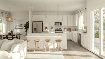 Fototapeta premium A modern white kitchen with sleek cabinets, stainless steel appliances, and a large island, opening up to a living room with white furniture and light wood accents.