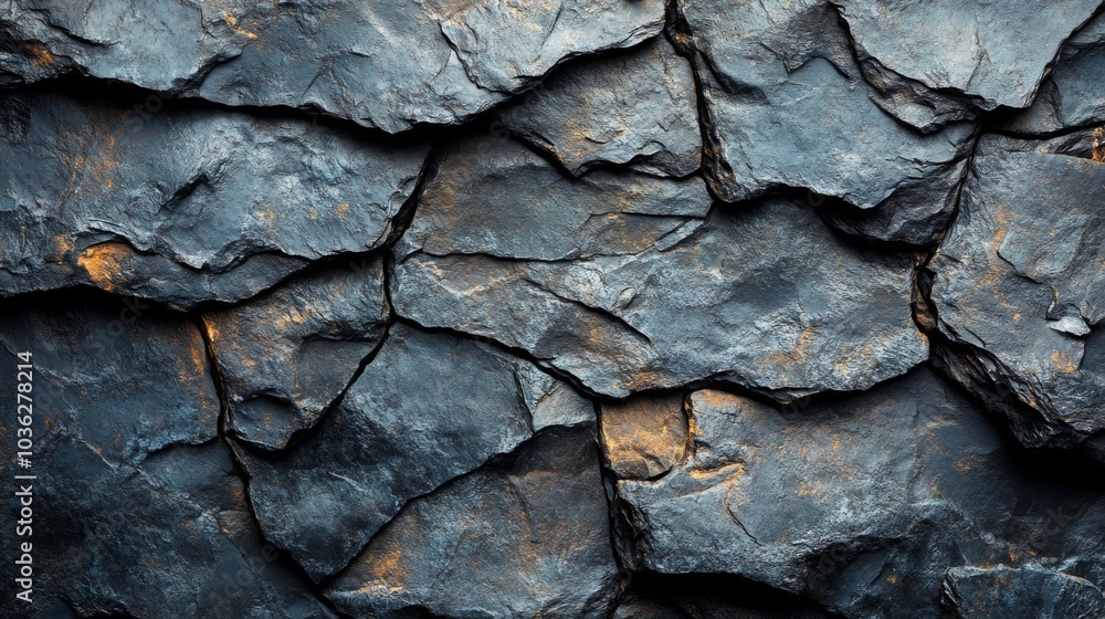 Aufkleber The rugged surface of dark rocks reveals intricate patterns and textures formed by time, offering a stunning view of nature's artistry during daylight.