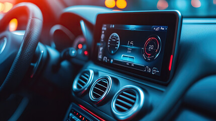 Close-up of a modern car radio with a touch screen and speaker inside the vehicle