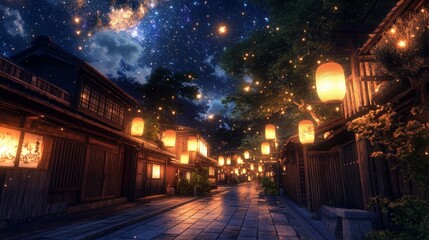 A mystical scene of a quiet Japanese street at night, lit by warm lanterns hanging from wooden buildings, with the soft glow complementing a star-filled sky, evoking calm and wonder.