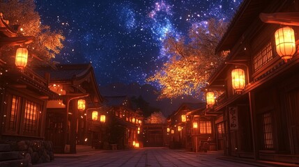 A mystical scene of a quiet Japanese street at night, lit by warm lanterns hanging from wooden buildings, with the soft glow complementing a star-filled sky, evoking calm and wonder.