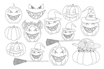 A Halloween-themed coloring page with spooky pumpkin faces, witches hats, and broomsticks. Perfect for kids Halloween activities.