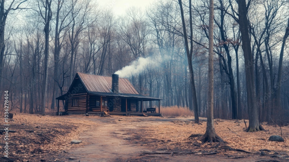 Poster a rustic log cabin is nestled among tall, bare trees. smoke rises from its chimney, hinting at warmt
