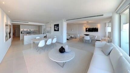 A panoramic view of a modern white apartment with an open-plan layout, white walls, a stylish white sofa, and a dining area with white chairs and a marble table.
