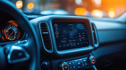 Close-up of a modern car radio with a touch screen and speaker inside the vehicle