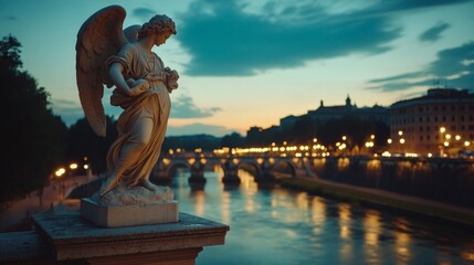 A peaceful evening shot of the angel statue on the Ponte Sant'Angelo, illuminated by streetlights as night falls, with the gentle flow of the river and the city of Rome slowly coming to life.