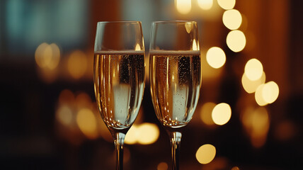 Two champagne glasses clink together on New Year's Eve in a festive celebration atmosphere