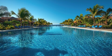 Obraz premium Tranquil Pool Surrounded by Palm Trees and Blue Loungers