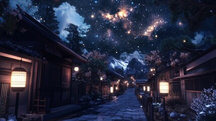 Obraz premium A peaceful Japanese street under the night sky, where lanterns light the way along wooden facades, and the stars above create a serene, dreamlike atmosphere.