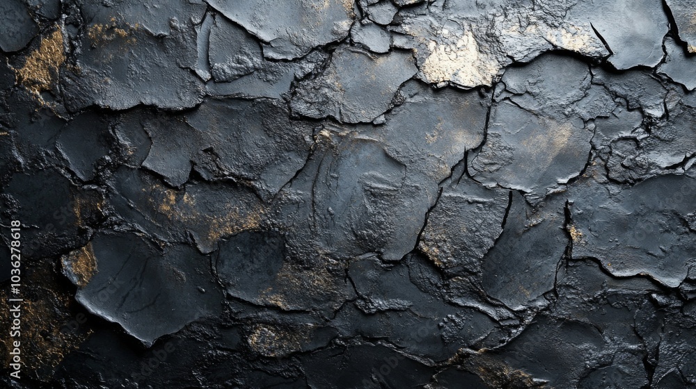 Aufkleber The textured black surface reveals cracked layers with subtle gold highlights, creating a striking visual contrast and intricate patterns throughout. The close-up showcases the unique details.