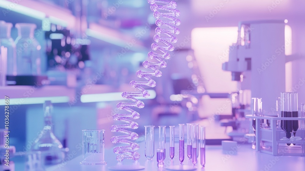 Poster a double helix dna strand floats over a laboratory table with various laboratory equipment in the ba