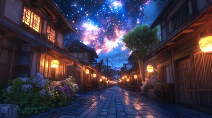 Fototapeta premium A picturesque Japanese street at night, illuminated by glowing lanterns, with wooden houses on both sides and a brilliant starry sky above, creating a peaceful, enchanting atmosphere.