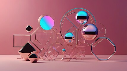 Abstract arrangement of geometric shapes and reflective spheres.