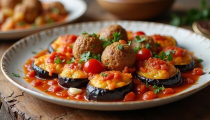  Deliciously baked eggplant and meatballs ready to be savored