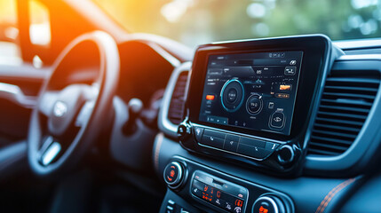 Close-up of a modern car radio with a touch screen and speaker inside the vehicle