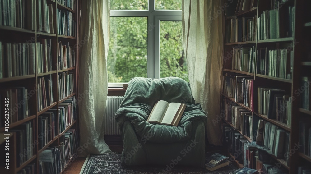 Poster an open book rests in an armchair in a quiet library with a window overlooking green trees.