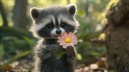 Fototapeta premium Adorable 3D Cute Baby Raccoon Holding a Pastel Pink Flower