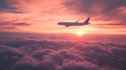 Passenger commercial plane flying above the clouds at sunset, AI generated image