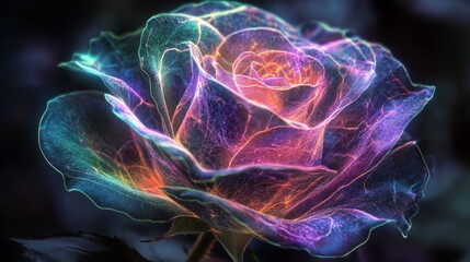A rose illuminated by Kirlian photography, with energy-like sparks radiating from the edges of the petals, interwoven with laser art beams. 