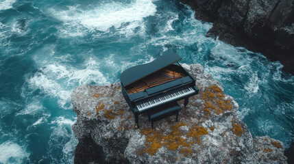 black piano on rocky cliffside with waves crashing against it creates striking contrast between nature and music. scene evokes sense of solitude and beauty