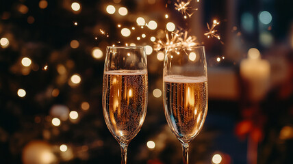 Champagne flutes toast with sparklers on New Year's Eve surrounded by festive decorations