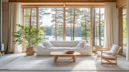 A Scandinavian-inspired living room featuring a white sofa, light wood furniture, and large windows that offer a panoramic view of nature, filling the room with serene light.
