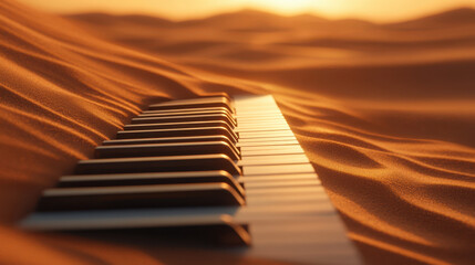 piano keyboard blends seamlessly into rolling desert dune, creating surreal and artistic scene that evokes sense of harmony between music and nature