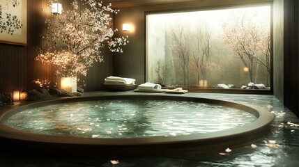 Japanese Spa Interior with Hot Tub and Cherry Blossoms