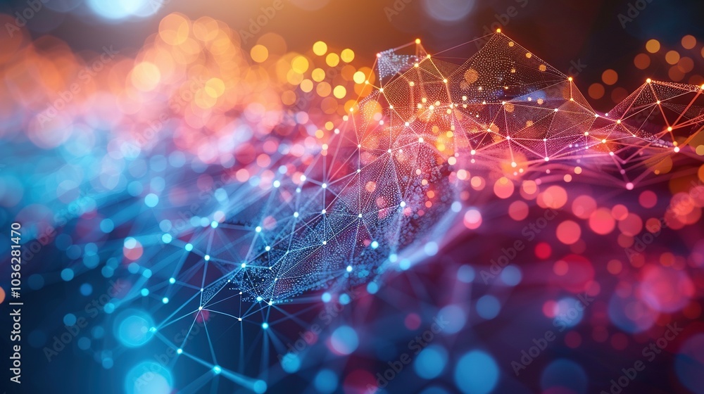 Poster abstract digital landscape with glowing nodes and connections, representing data and technology.