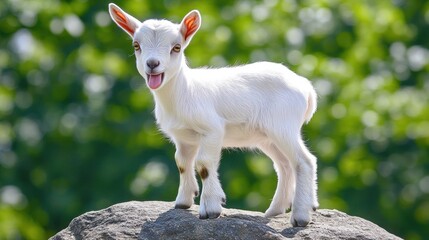 Obraz premium A white baby goat with brown spots stands on a rock in a green field, looking at the camera with its tongue sticking out.