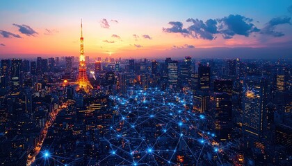 Fototapeta premium Tokyo Cityscape with Illuminated Tower and Network Connections at Twilight
