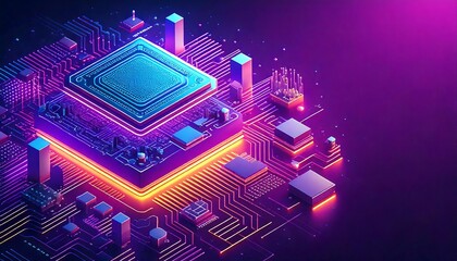 A dynamic, futuristic digital landscape centered around a glowing microchip.