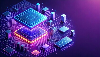 A dynamic, futuristic digital landscape centered around a glowing microchip.