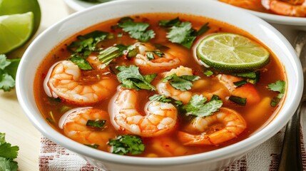 Flavorful Shrimp Soup with Cilantro and Lime Garnish