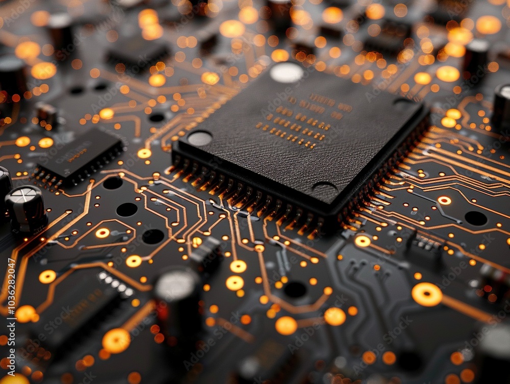 Poster close-up of a circuit board showcasing intricate electronic components and connections.