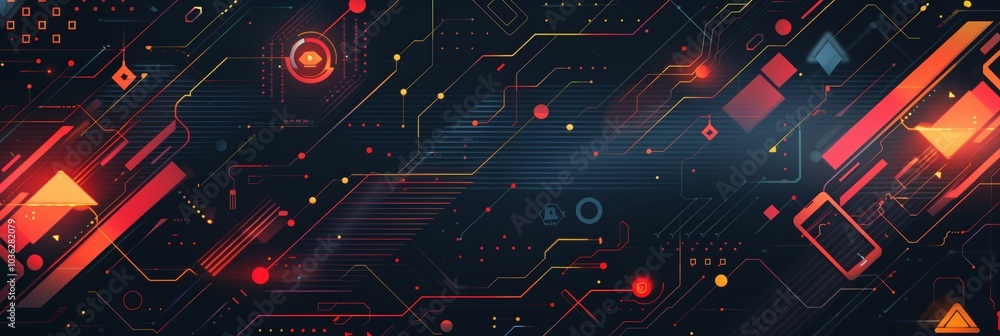 Poster a flat vector background with simple shapes and lines in dark colors, featuring orange and red geome
