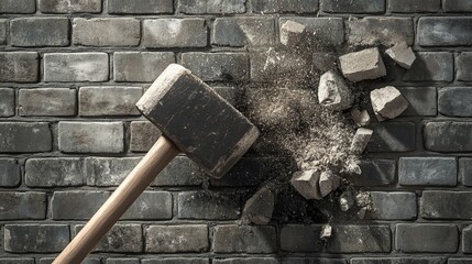 A sledgehammer hitting a brick wall with full force, causing a large crack and bricks to break apart, symbolizing demolition, progress, or breaking barriers.